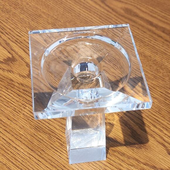 Oleg Cassini Signed Crystal Pedestal Candle Holder 6” Square Modern Lead Crystal - Picture 3 of 4
